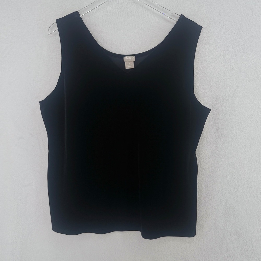 Chico's Travelers Tank Top Womens 3 Black Velvet V-Neck Sleeveless Shell Stretch